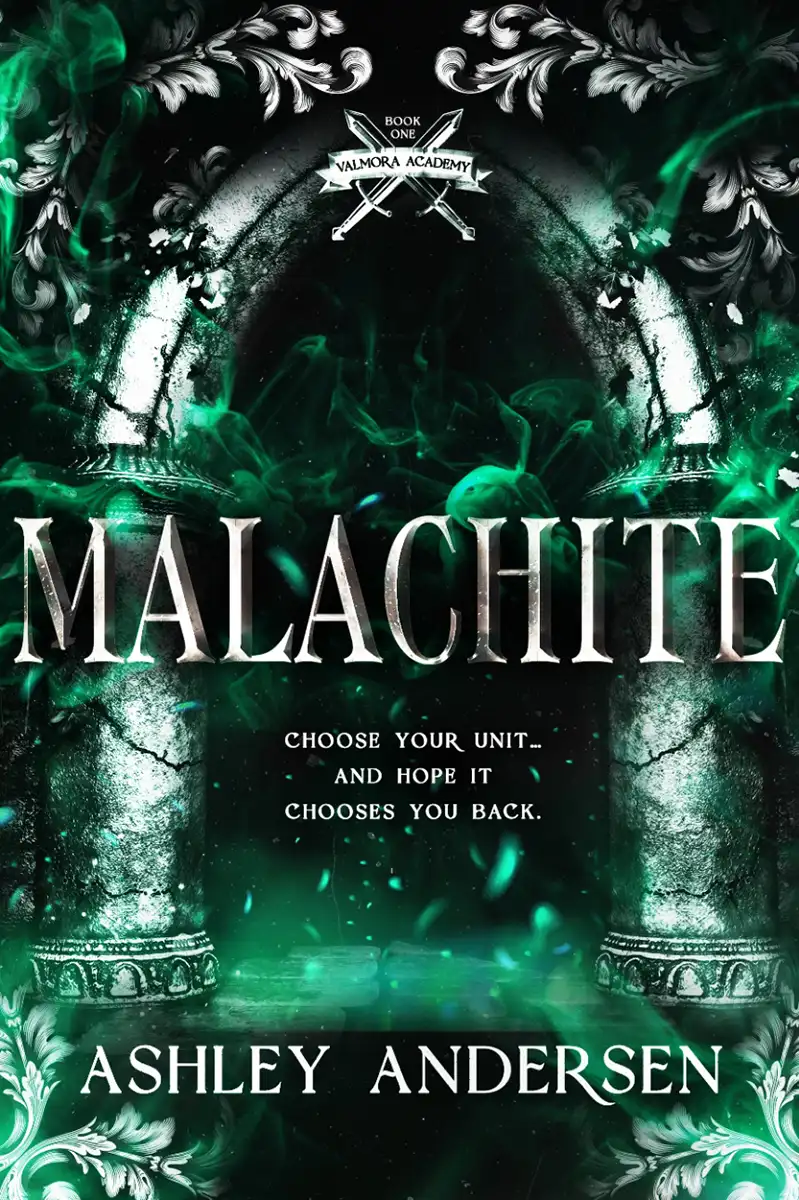 Cover image for the book, Malachite by Ashley Andersen, depicting a large stone archway surrounded by decorative swirls and green accents.