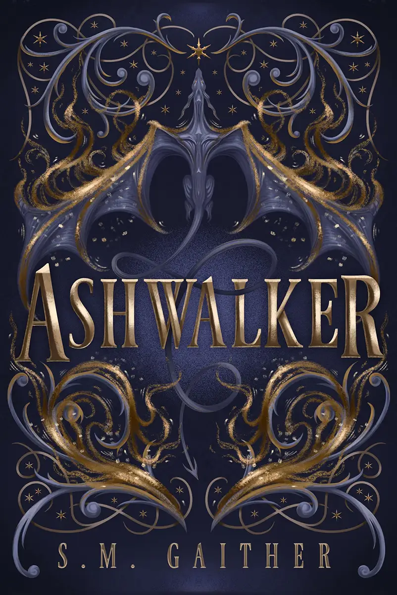 Cover of Ashwalker by S.M. Gaither. Gold lettering reading "Ashwalker" is centred on a dark purple cover with a stylised dragon and decorative swirls highlighted with gold.